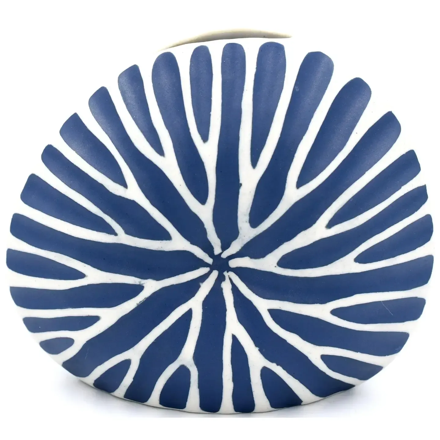 Blue round decorative object with white radial leaf-like stripes on a white background