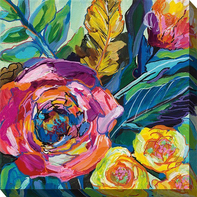 Bright abstract painting of colorful flowers with large pink rose, yellow blooms, and green leaves
