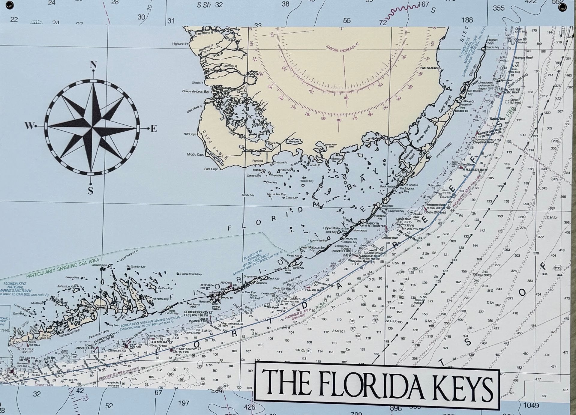 Map of the Florida Keys with a compass rose and surrounding waters.