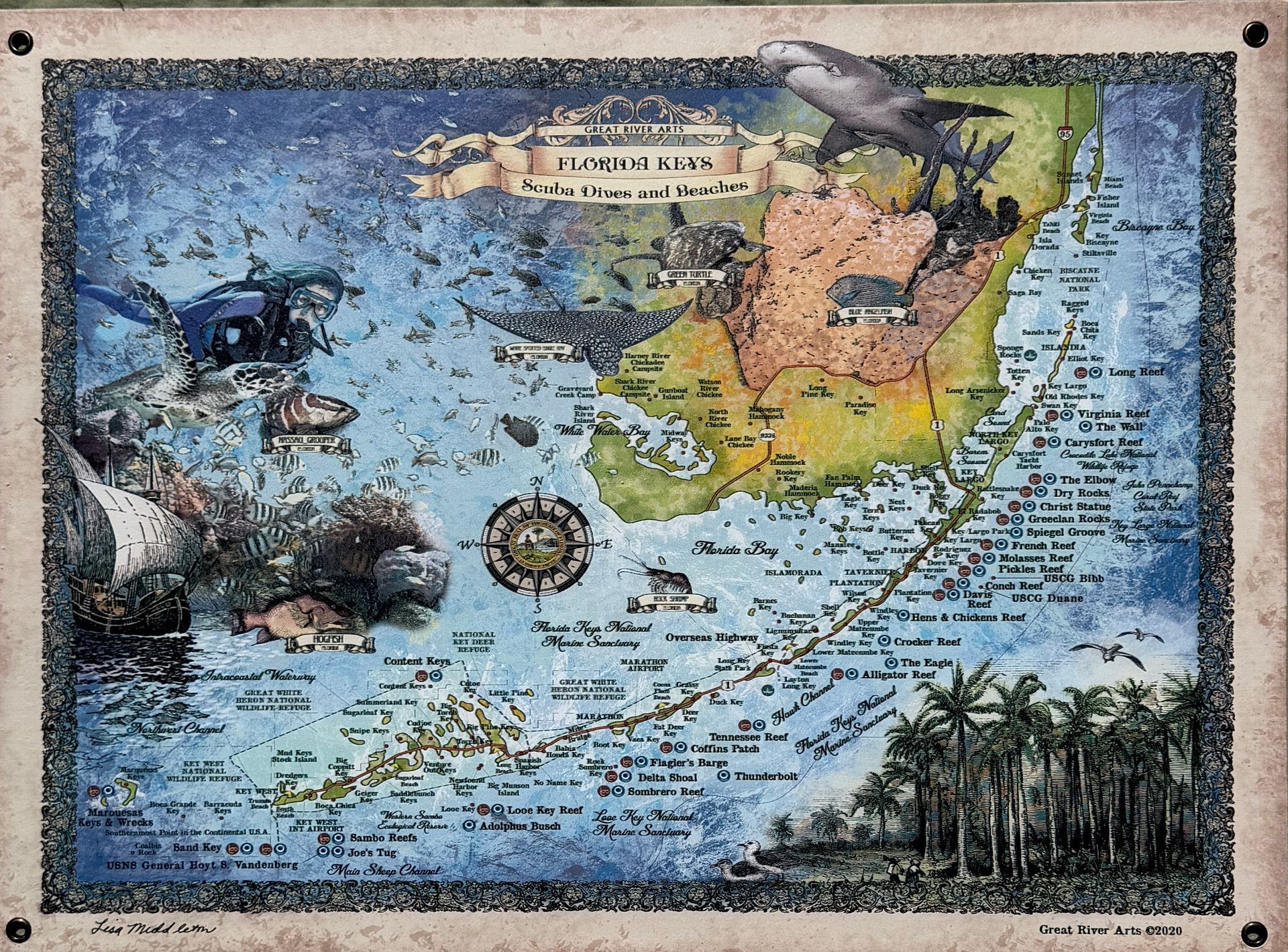 Illustrated fantasy map of a blue ocean and yellow-green land, with sea creatures and ships around the edges
