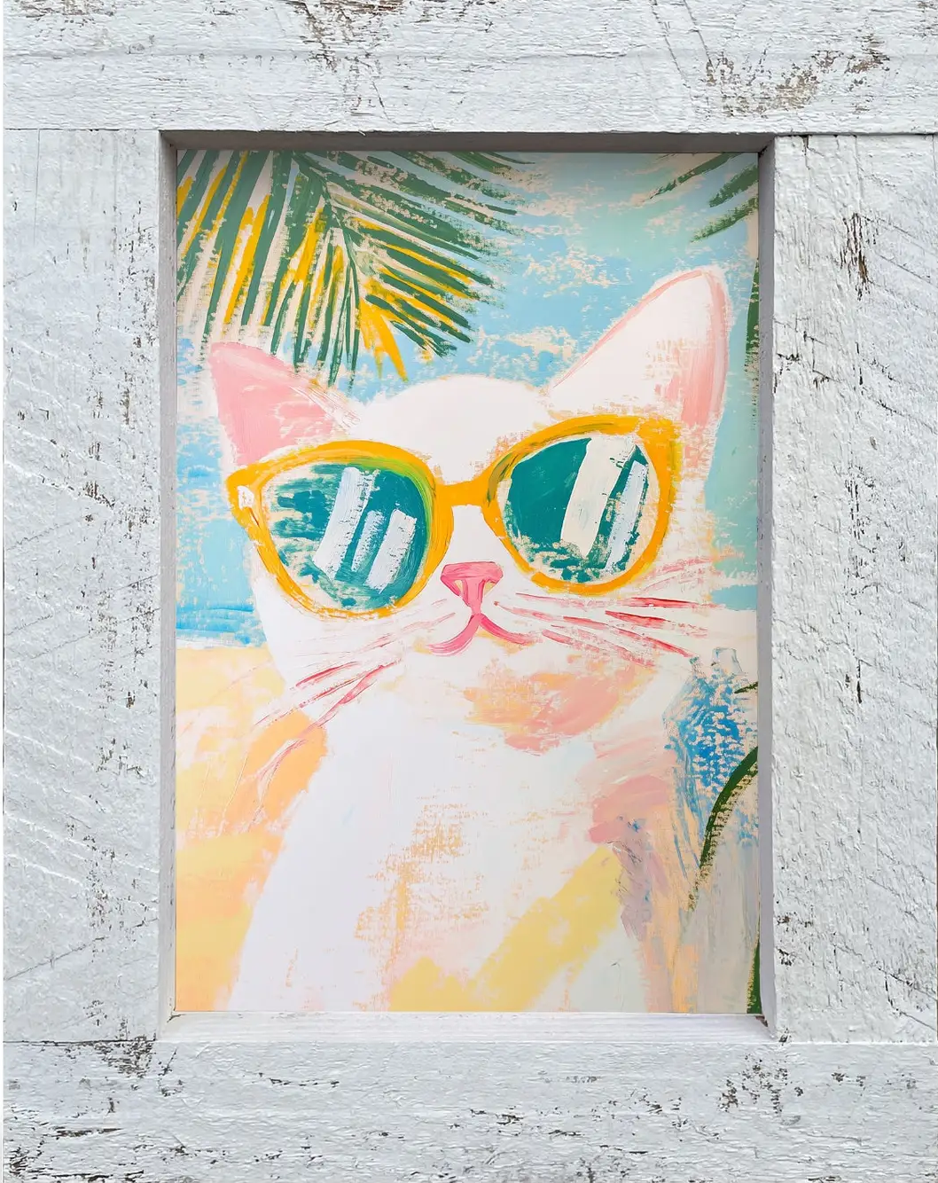 Pastel cat wearing yellow sunglasses in a white frame.