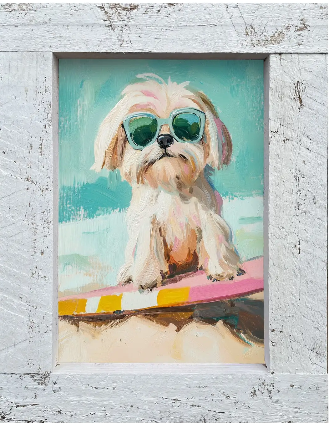 Small dog wearing sunglasses, sitting on a surfboard against a turquoise beach background.