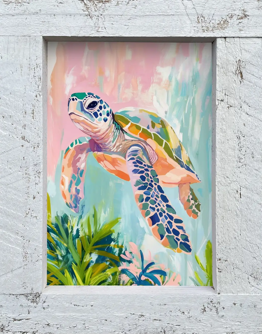 Colorful painting of a sea turtle swimming amid coral and plants in a white-framed wall niche.