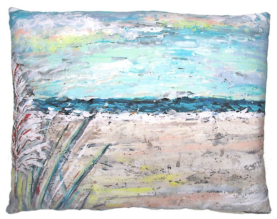 Abstract beach scene in soft blues and beige with textured brushstrokes and grasses in the foreground