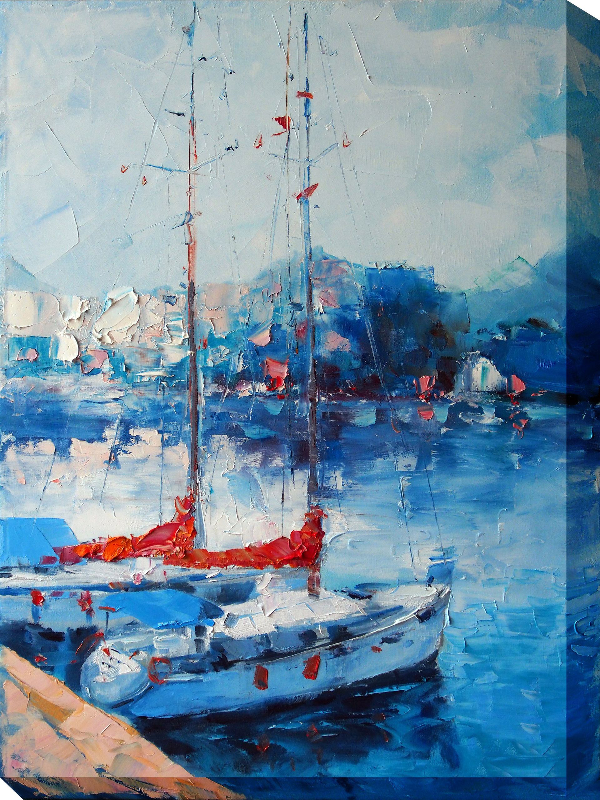 Blue harbor scene with sailboats, white buildings, and distant hills in soft impressionist style