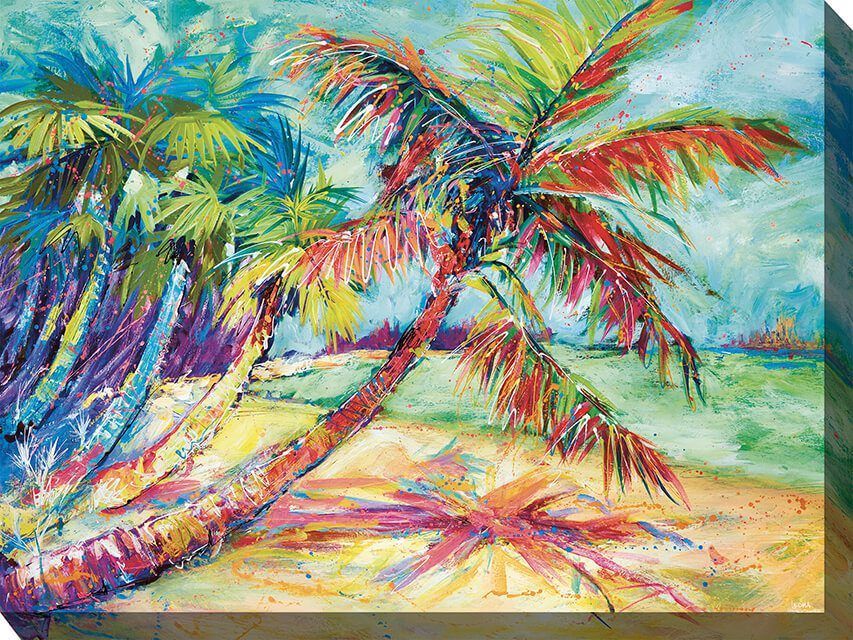 Colorful painting of leaning palm trees on a tropical beach with bright blue water and sky
