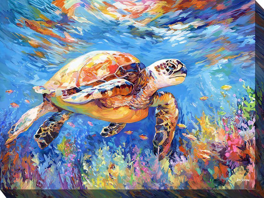 Colorful painting of a sea turtle swimming through a bright blue underwater scene