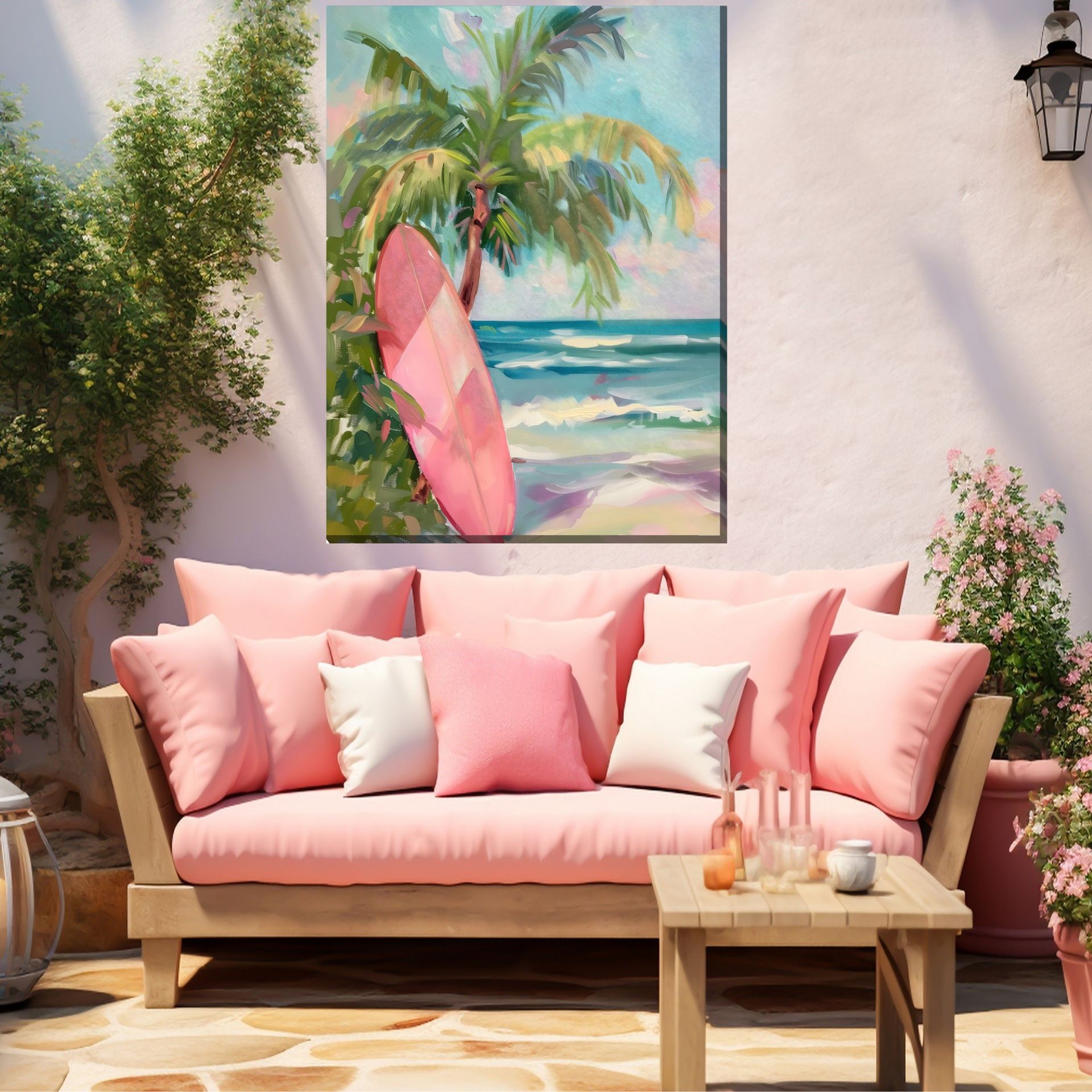 Coastal canvas art with surfboard from Island Vibes Key Largo