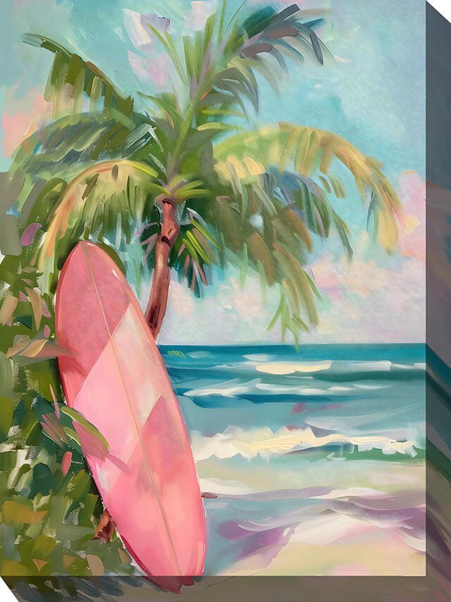 Pink surfboard leaning by a palm tree on a tropical beach with ocean waves and a pastel sky