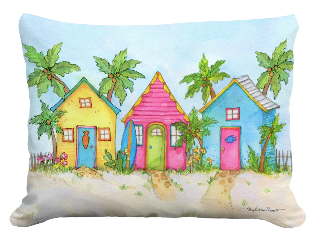 Three colorful beach cottages with palm trees on a sky-blue pillow background