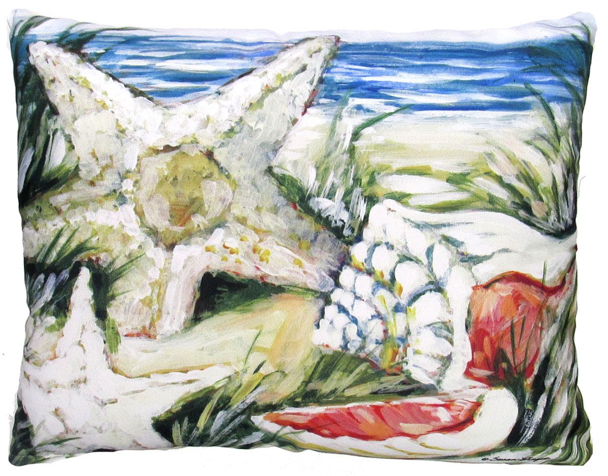 Seashells and a starfish on a sandy beach with blue sky and waves, in a watercolor style