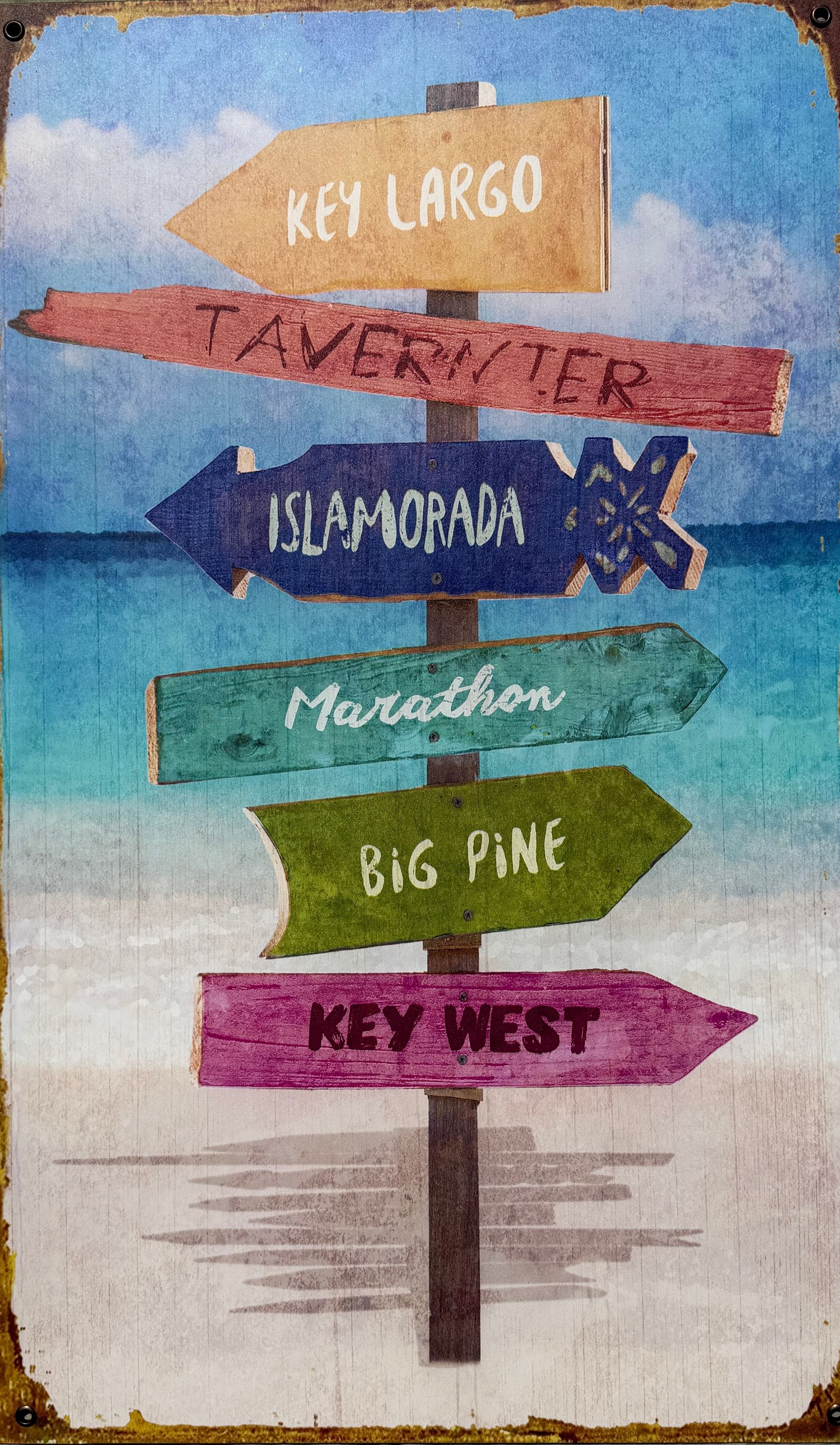 Colorful wooden signpost with arrows to Key Largo, Islamorada, Marathon, Big Pine, and Key West
