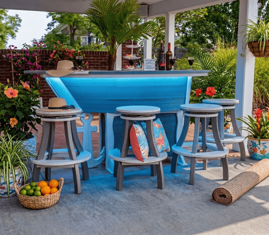 Tropical poolside bar with blue stools, fruit bowl, potted palms, and rolled mat on a patio
