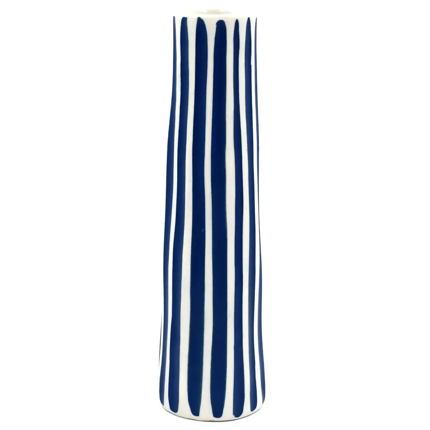 Blue-and-white striped ceramic vase on a white background