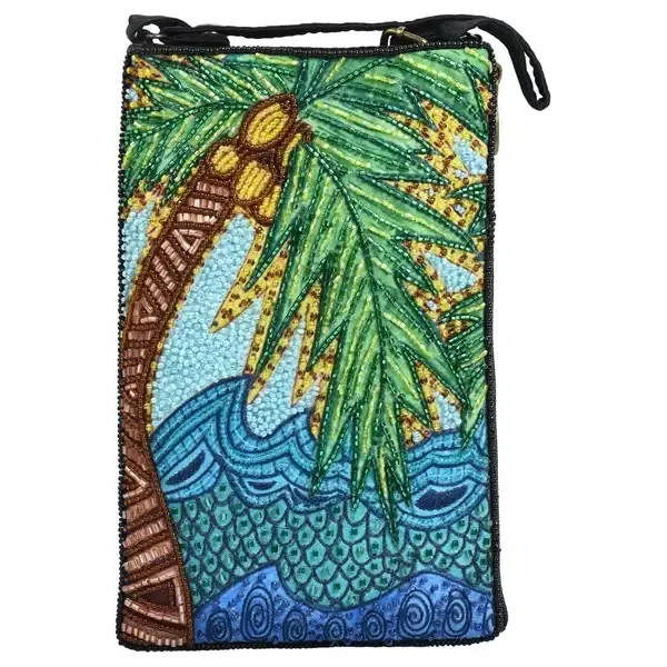 Beaded tropical pouch with palm tree, ocean waves, and blue-green design
