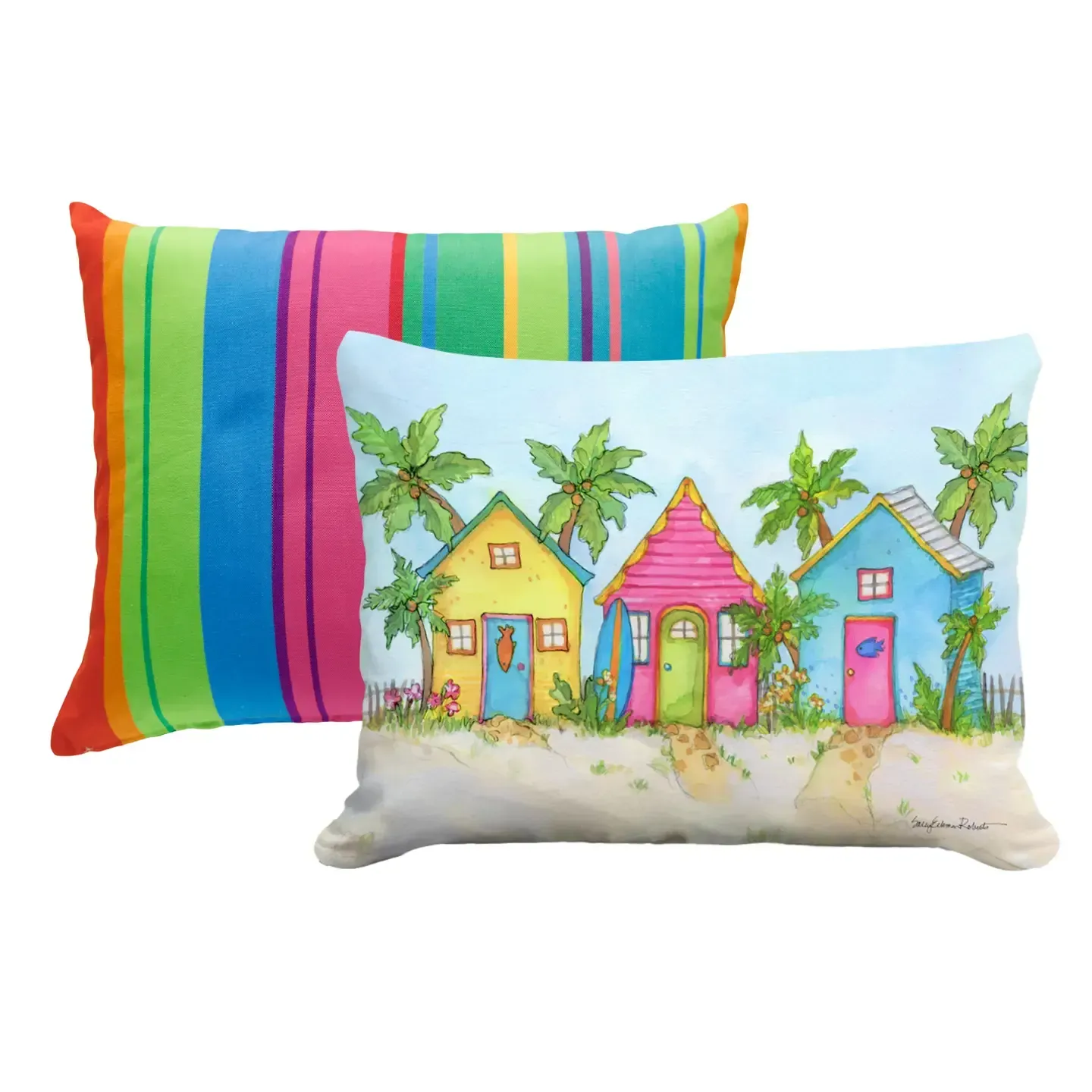 Two decorative throw pillows, one with rainbow stripes and one with colorful beach houses and palm trees