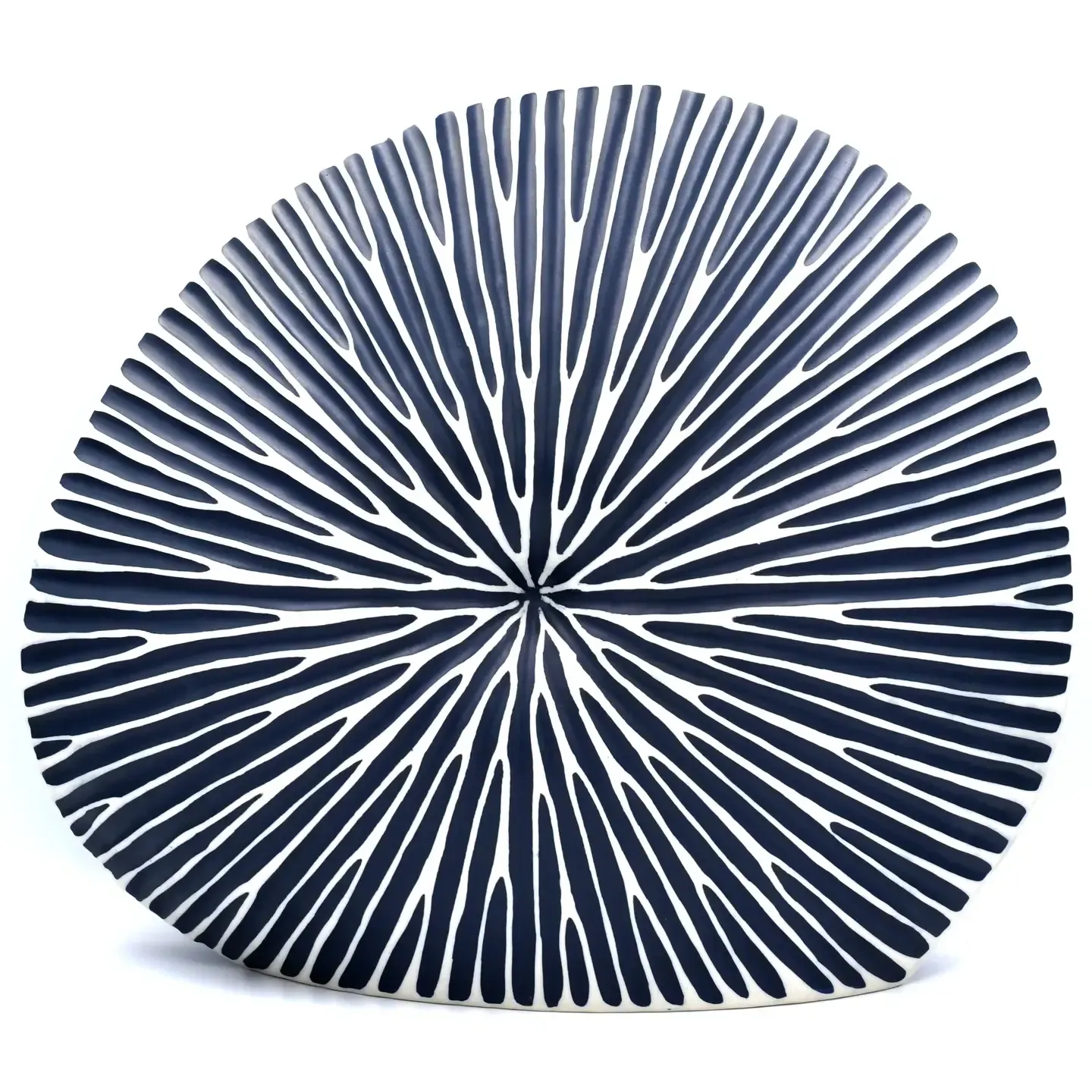 Abstract navy-and-white radiating circular pattern, like a woven decorative cushion.
