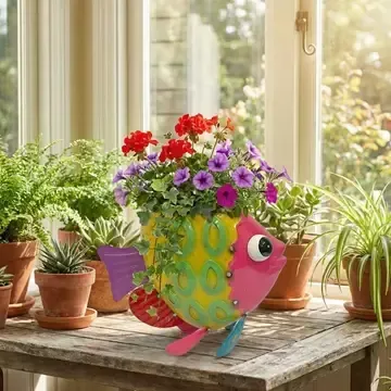 Colorful fish-shaped planter with flowers on a sunlit windowsill among potted houseplants