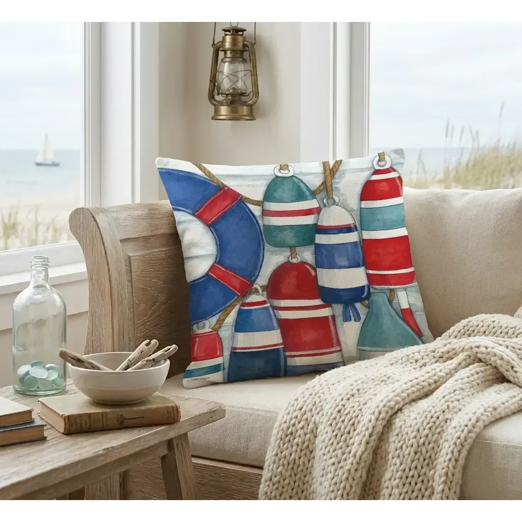Nautical life preserver pillows on a beige sofa by a window overlooking the sea