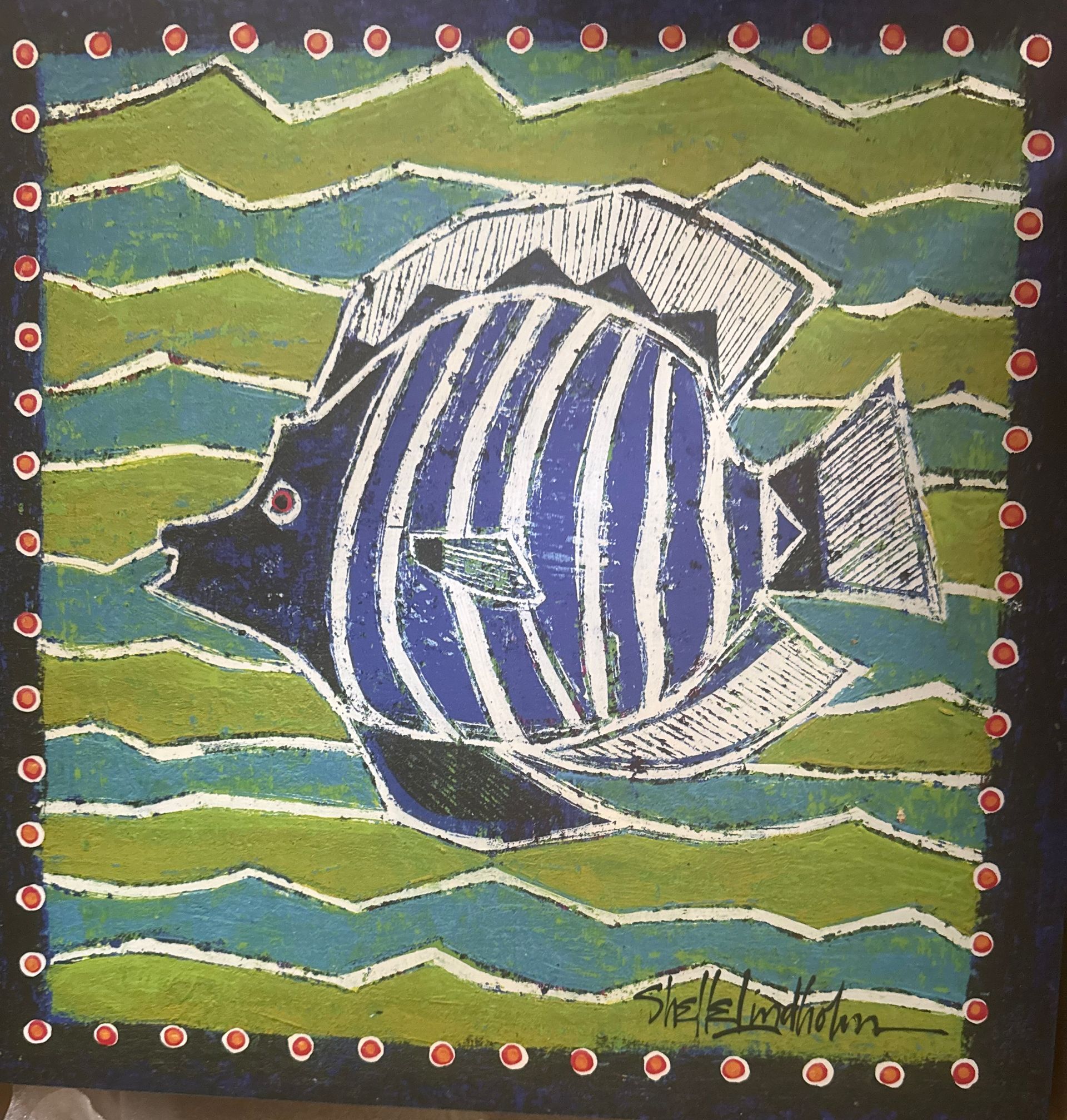 Stylized blue and white fish on green wavy background with red dotted border
