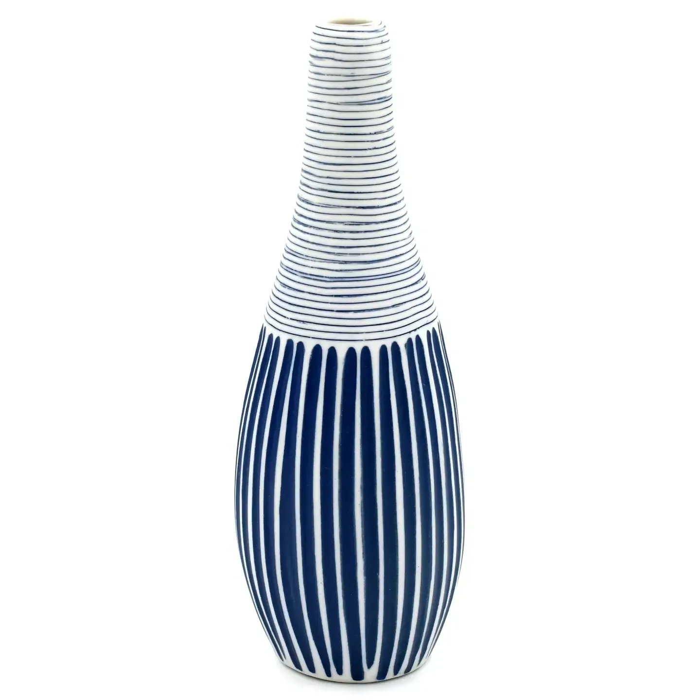 Tall blue-and-white striped ceramic vase with a narrow neck on a white background