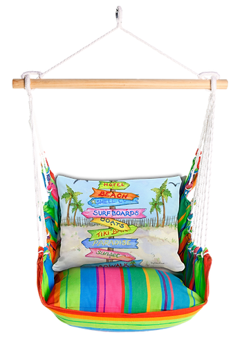 Colorful hanging hammock chair with striped cushion and decorative pillow against a white background