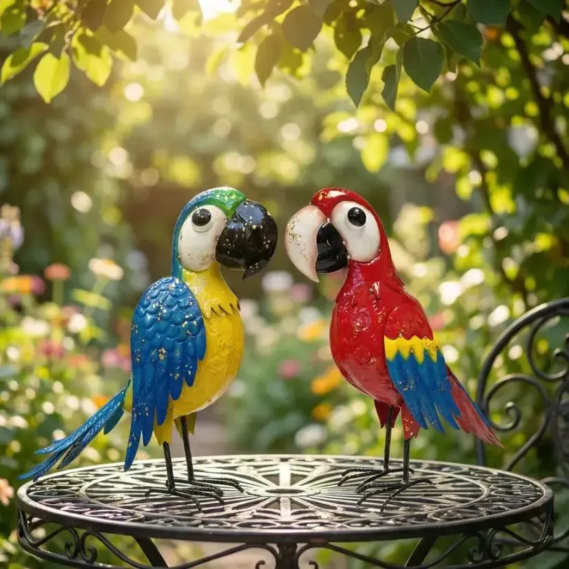 Two colorful parrots perched on a round metal table in a sunlit garden.