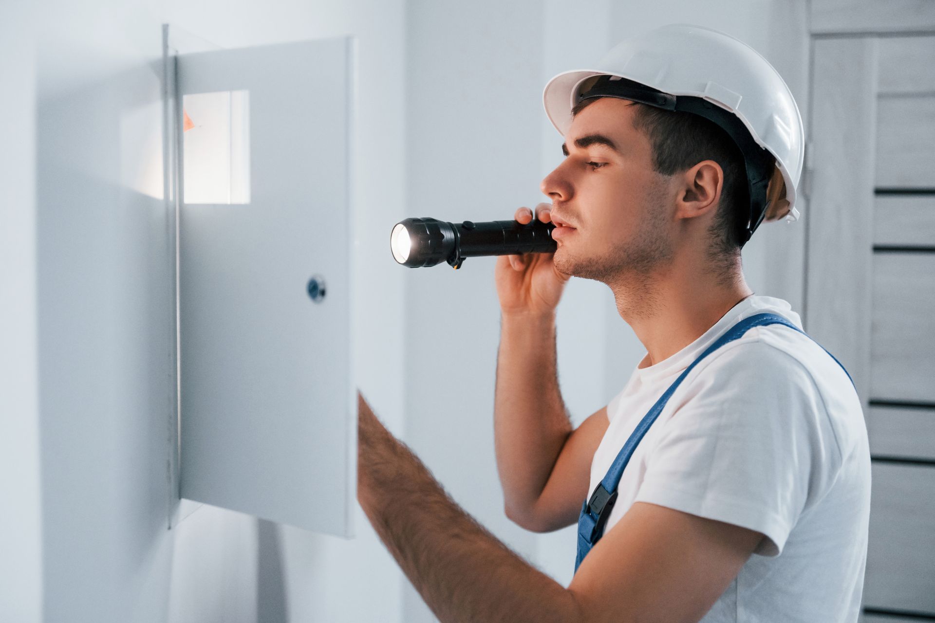A man in a hard hat is holding a flashlight and looking at an electrical box.