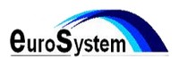 Logo EuroSystem in testo nero con strisce curve blu sopra il marchio denominativo
