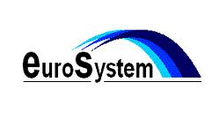 Logo EuroSystem con testo nero e un tratto curvo blu sopra di esso.