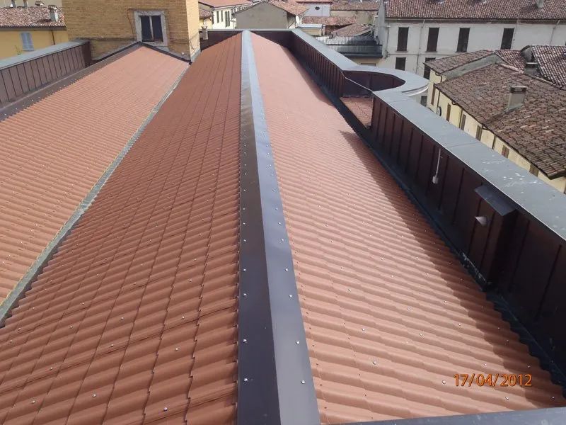 Vista dall'alto di un lungo tetto di tegole in terracotta con una cresta metallica centrale tra gli edifici adiacenti.