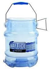 Jarra de agua de plástico azul con asa y grifo; una etiqueta