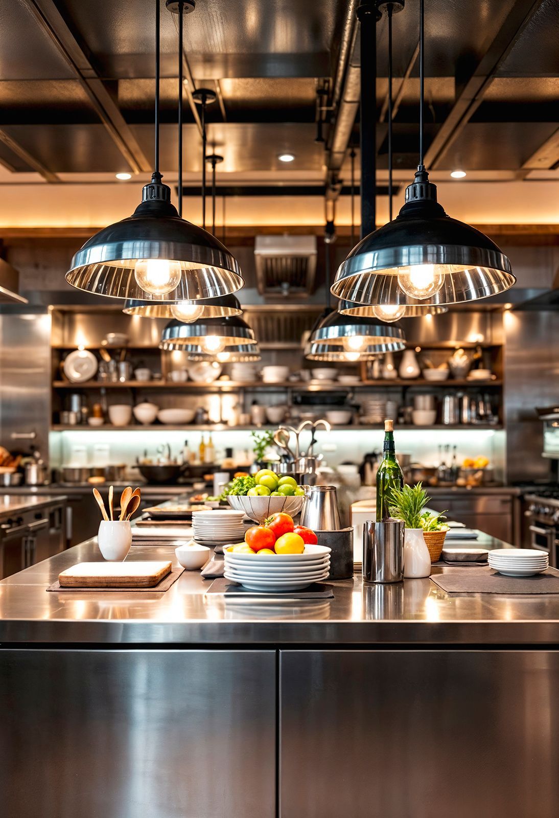 Cocina industrial con isla de acero inoxidable, lámparas colgantes y estantes con vajilla.