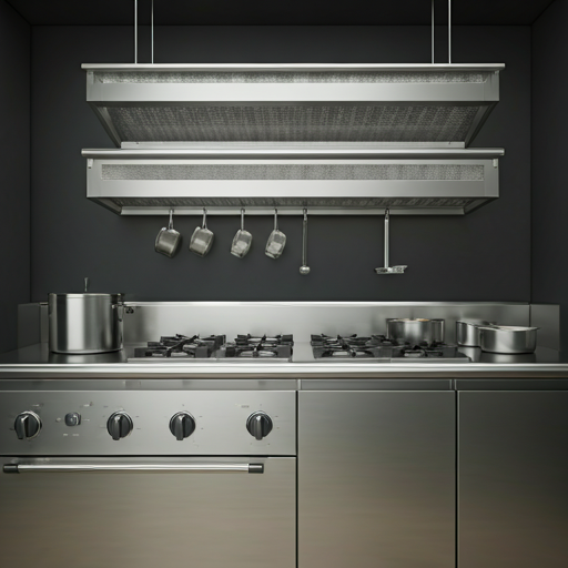 Una cucina professionale in acciaio inox con cappa aspirante sospesa e portautensili, posizionata su una parete scura.