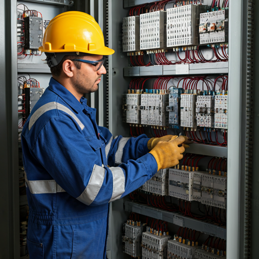 Una persona con un elmetto giallo e una divisa da lavoro blu ispeziona il cablaggio elettrico all'interno di un quadro di controllo.
