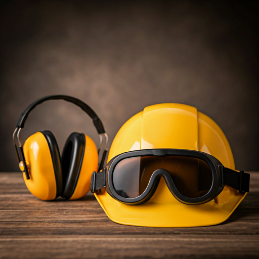 Casco giallo, occhiali protettivi e cuffie antirumore appoggiati su una superficie di legno contro uno sfondo scuro e ruvido.