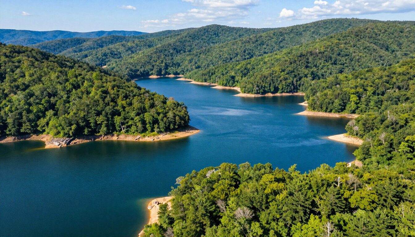 Aerial view of the Ozark Mountains and Table Rock Lake in Missouri.