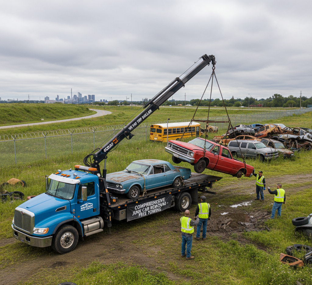 Tow truck lifting a red car over other vehicles at a salvage yard; workers in safety vests; city skyline in background.