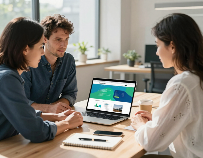 Designer and client reviewing a website mockup