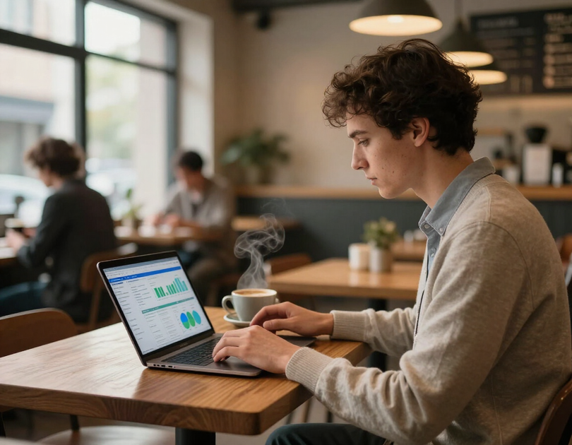 Business owner reviewing social media analytics