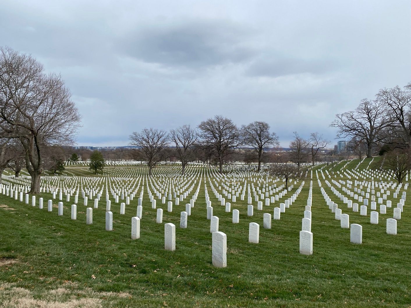 Rows of white headstones in a green grassy cemetery, under a cloudy sky with bare trees.