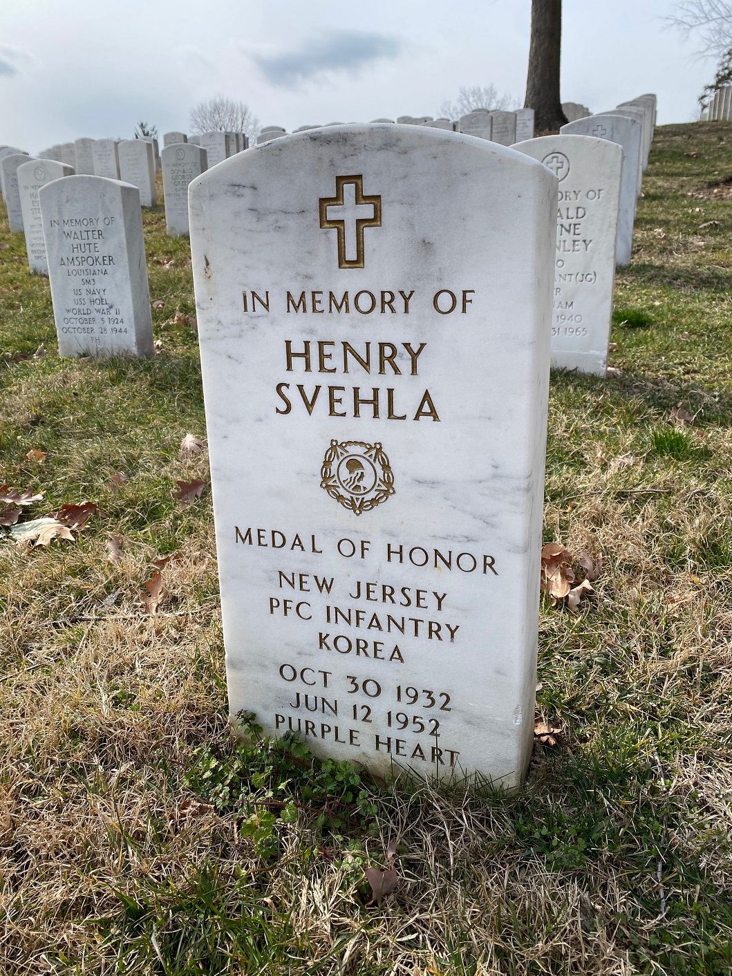 Tombstone of Henry Svehla, Medal of Honor recipient, in a cemetery. It has a cross and details of his service.