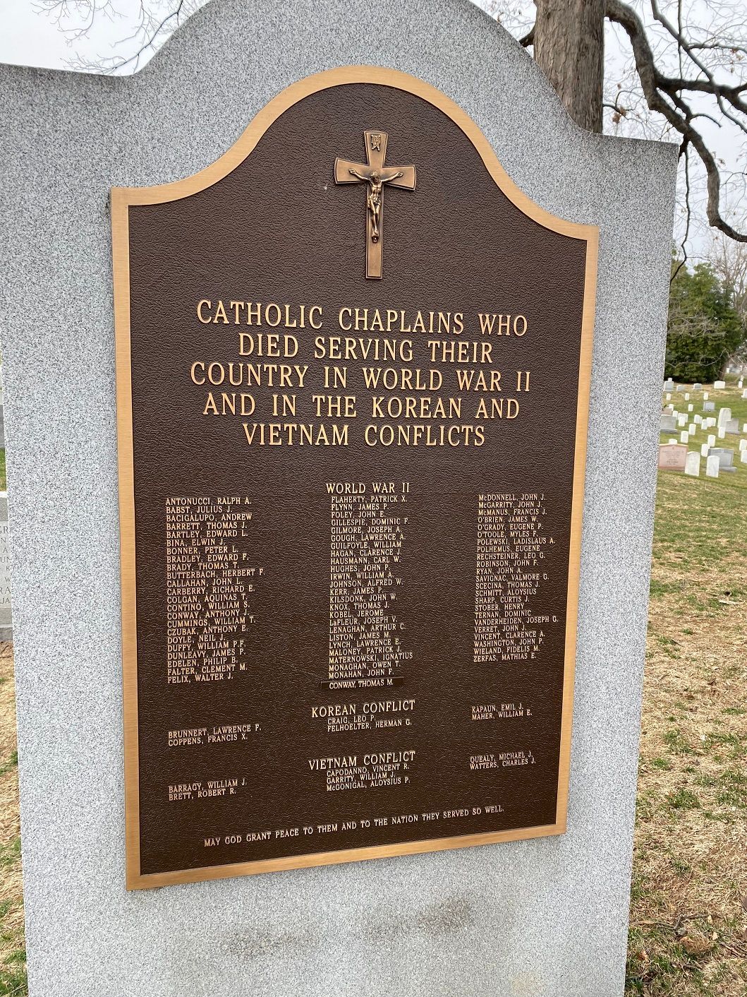 Bronze plaque on granite, memorializing Catholic chaplains who died in service during WWII, Korea, and Vietnam.