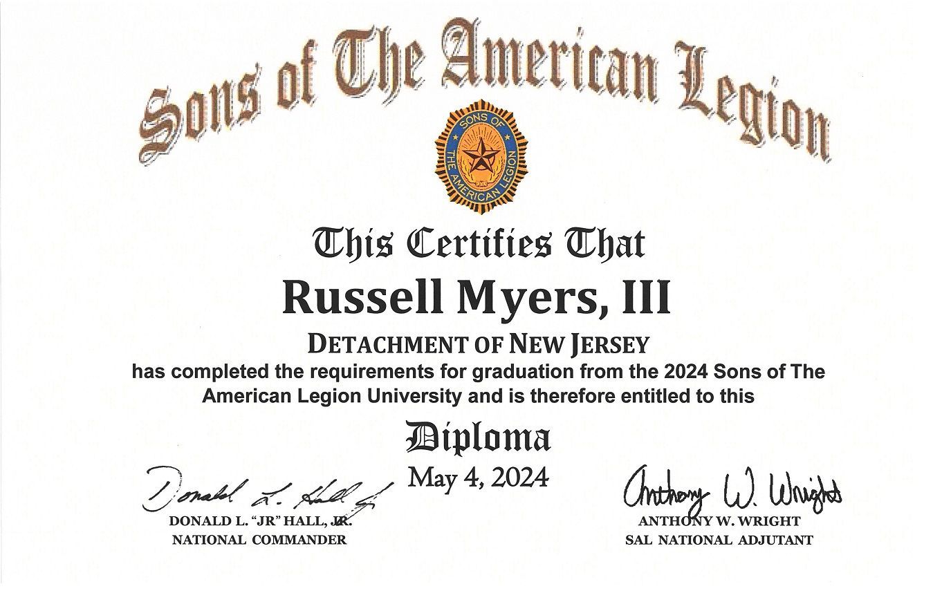 Diploma from Sons of the American Legion, awarding Russell Myers, III, May 4, 2024.