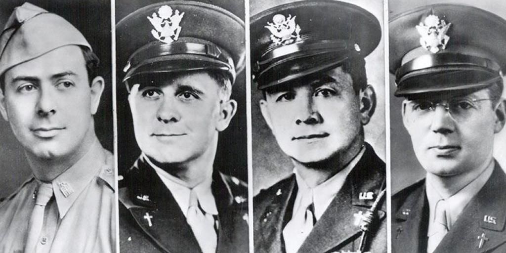 Four men in U.S. military uniforms, likely from WWII, portraits side-by-side, each with serious expressions.