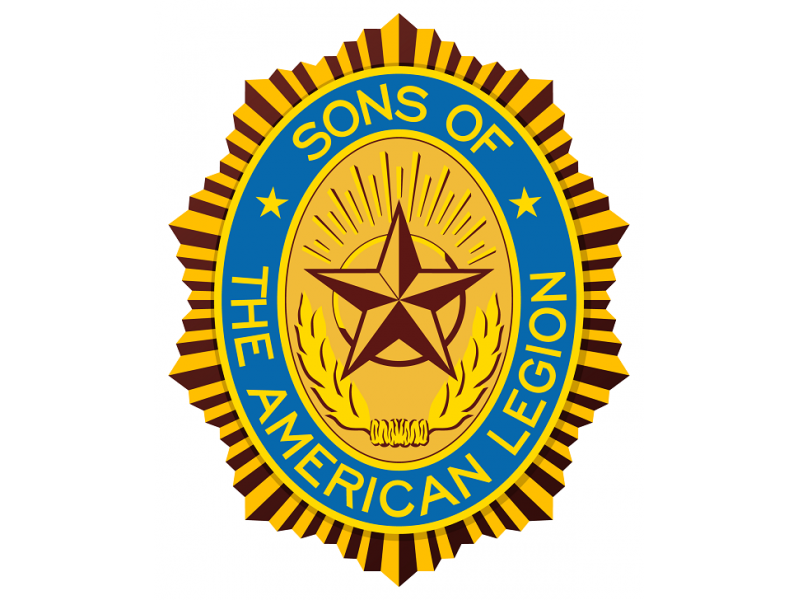 Sons of The American Legion emblem: Blue oval with gold star, text, and yellow rays within a gold and brown border.