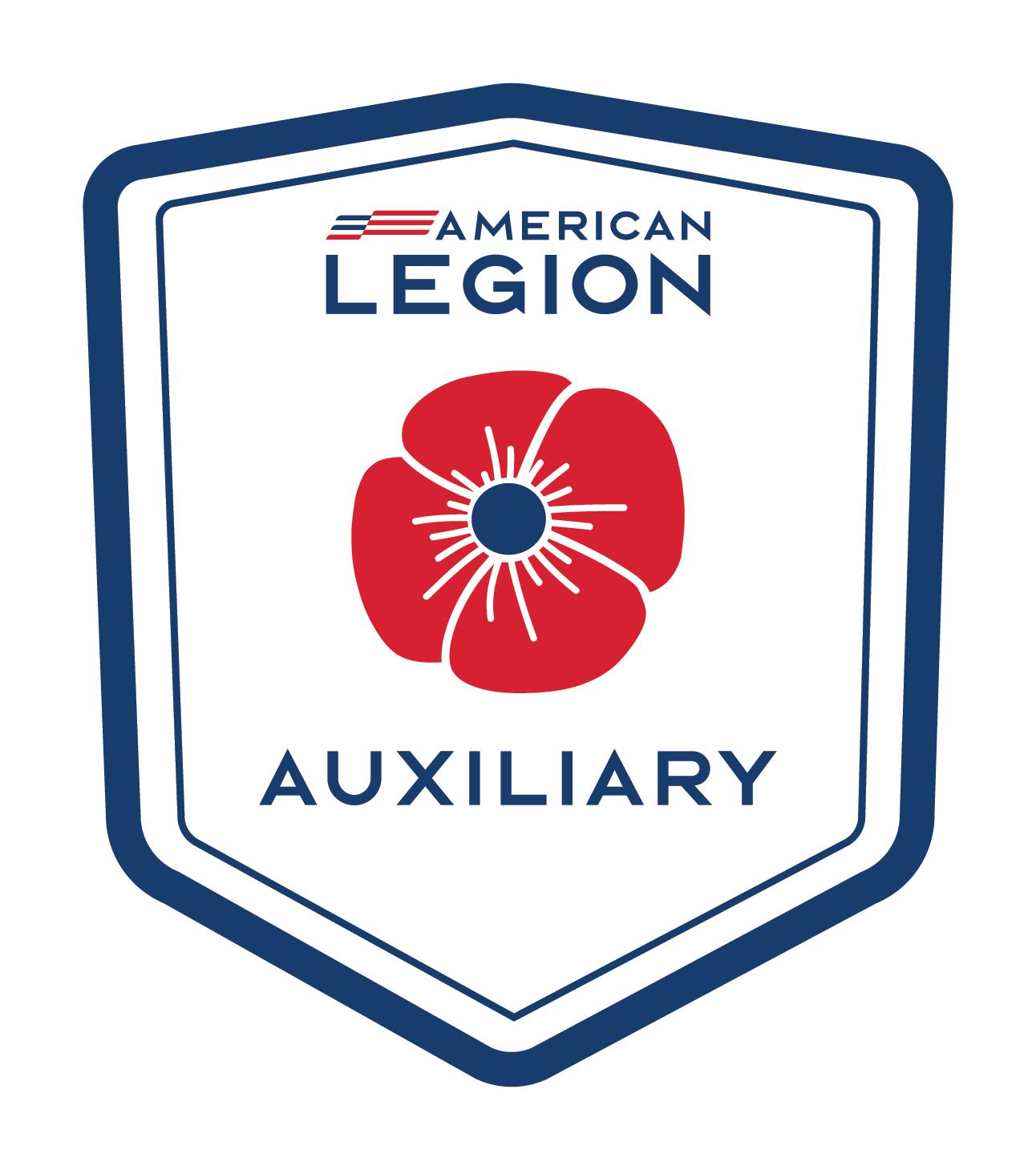 American Legion Auxiliary logo: Red poppy, white shield, blue border and text.