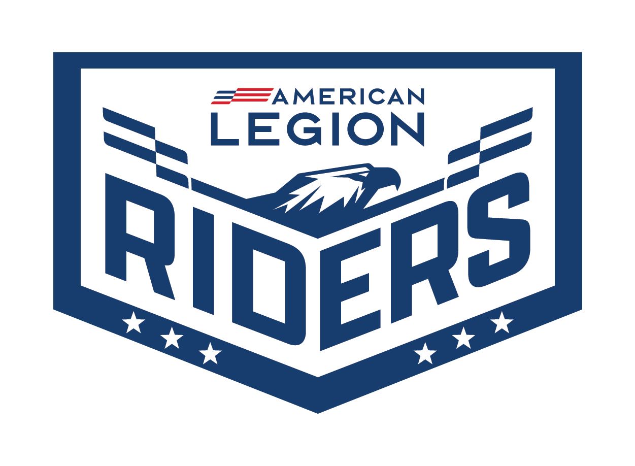 American Legion Riders logo: Blue and white shield with text and eagle, and American flag graphic.