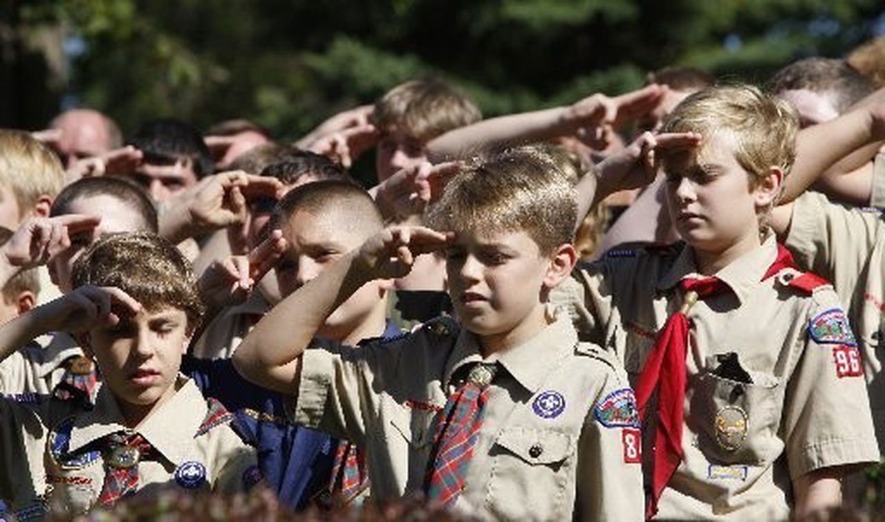 Boy Scouts in uniform saluting outdoors.