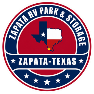 Logo for Stinson RV Park & Storage in Zapata, Texas, featuring the Texas state outline.
